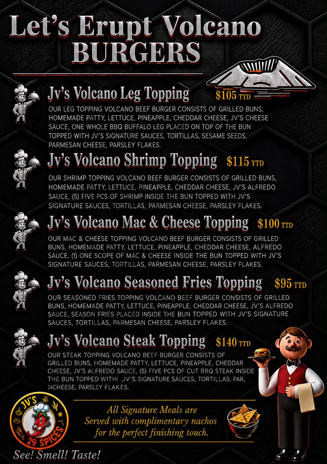 JVS Volcano Burgers Menu